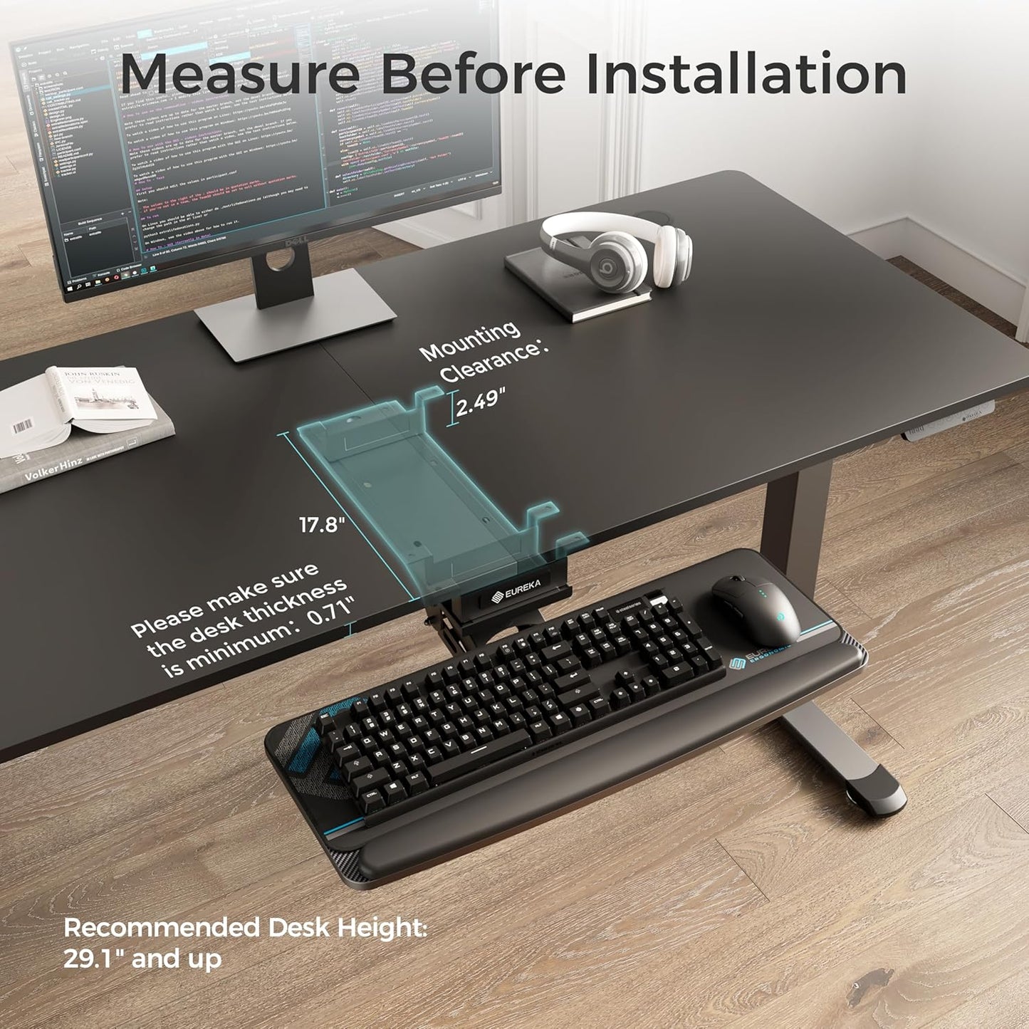 EUREKA ERGONOMIC Height Adjustable Mouse & Keyboard Tray Under Desk, 28x10'' Large Slide Out Swivel Tilt Computer Keyboard Drawer with Pad for Gaming Home Office, Dual Mount