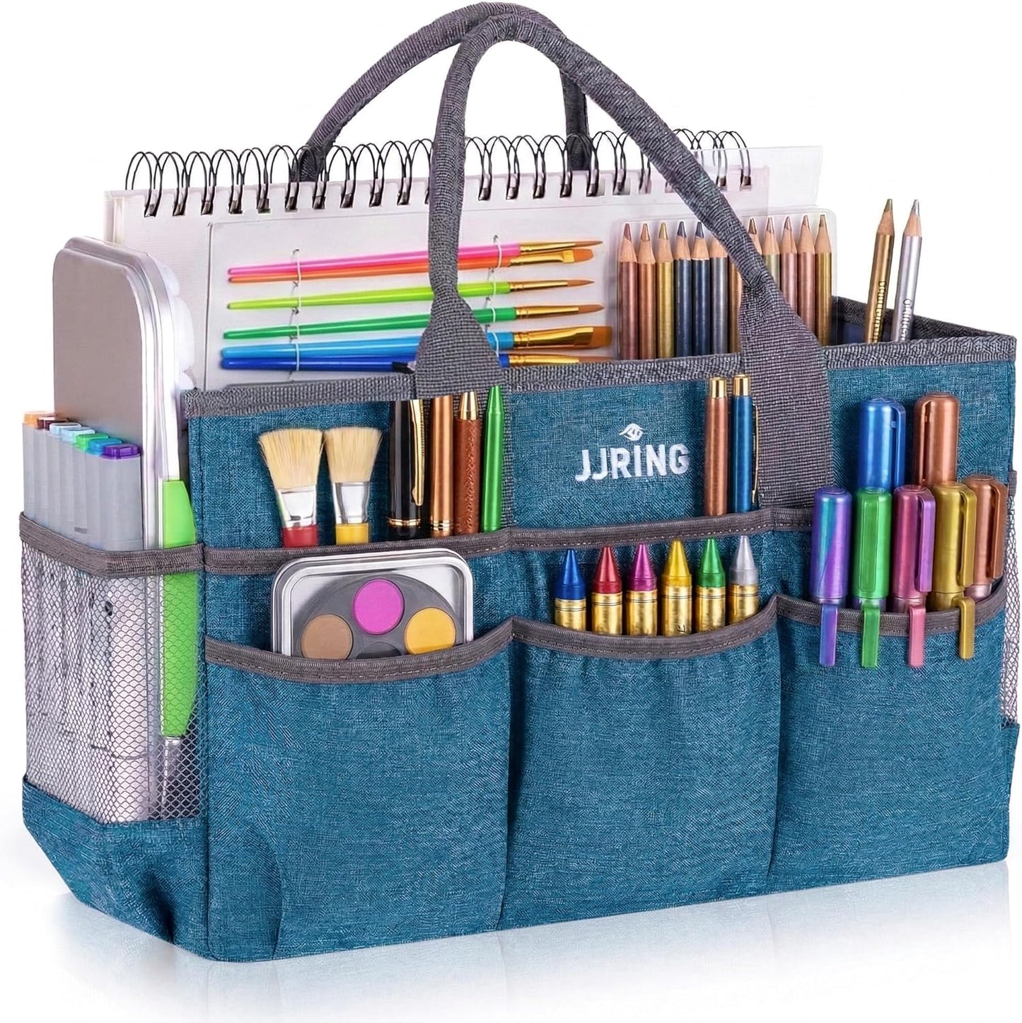 JJRING Large Art Supply Storage Tote Bag With 2 Mesh Side Pockets & Front Elastic Pockets – Sturdy Craft Organizer Caddy with Reinforced Bottom For Sewing, Scrapbooking, Teachers & Artists(Green) | Breathable Material