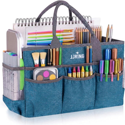 JJRING Large Art Supply Storage Tote Bag With 2 Mesh Side Pockets & Front Elastic Pockets – Sturdy Craft Organizer Caddy with Reinforced Bottom For Sewing, Scrapbooking, Teachers & Artists(Green) | Breathable Material
