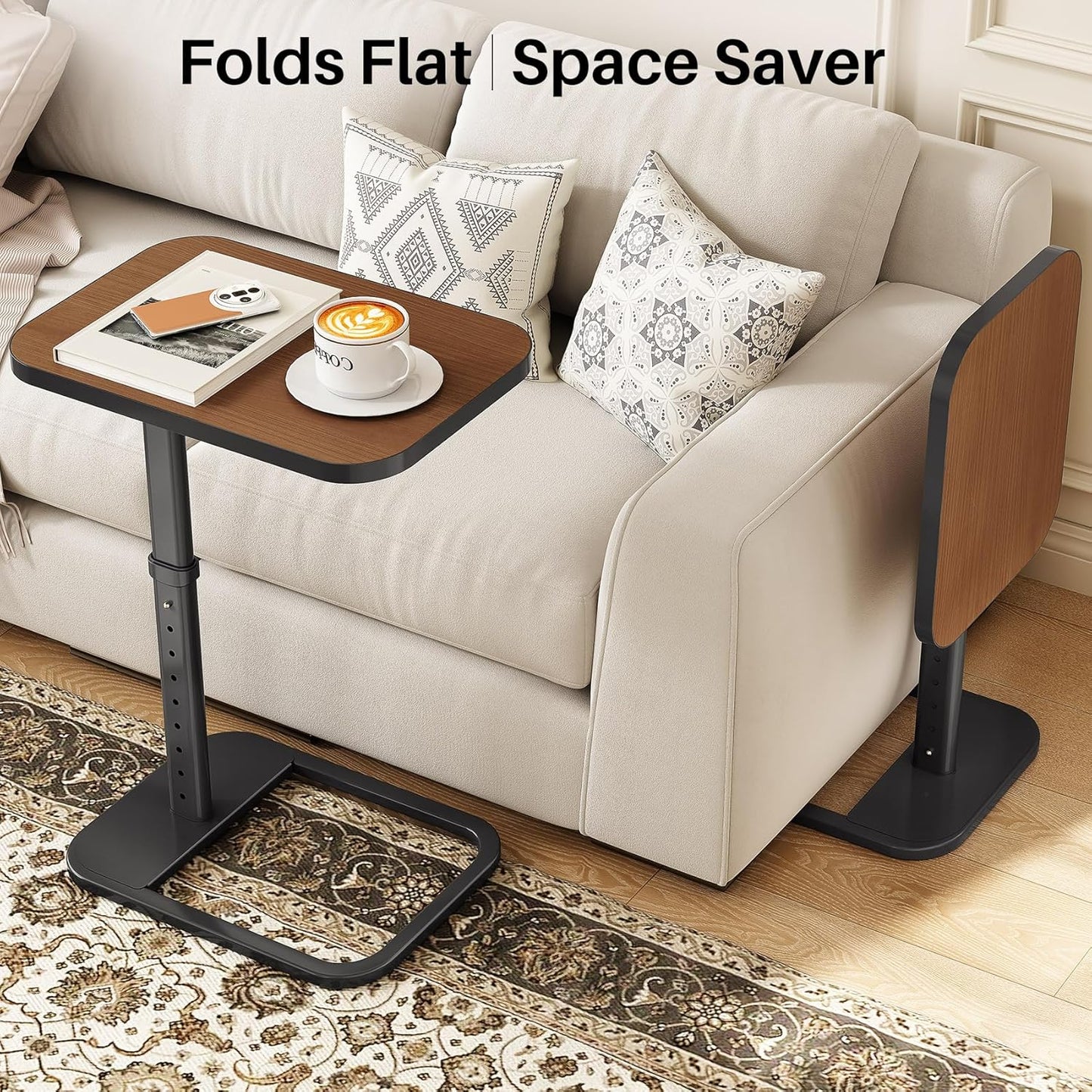Kitstorack TV Tray Table, Adjustable Height & Flip-Top & Rounded Metal Corners, Snack Table for Couch, Sofa, Bed, Chair, Living Room, C Shaped End Side Table for Eating, Dinner or Laptop, Small Spaces