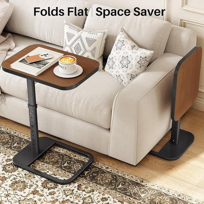 Kitstorack TV Tray Table, Adjustable Height & Flip-Top & Rounded Metal Corners, Snack Table for Couch, Sofa, Bed, Chair, Living Room, C Shaped End Side Table for Eating, Dinner or Laptop, Small Spaces