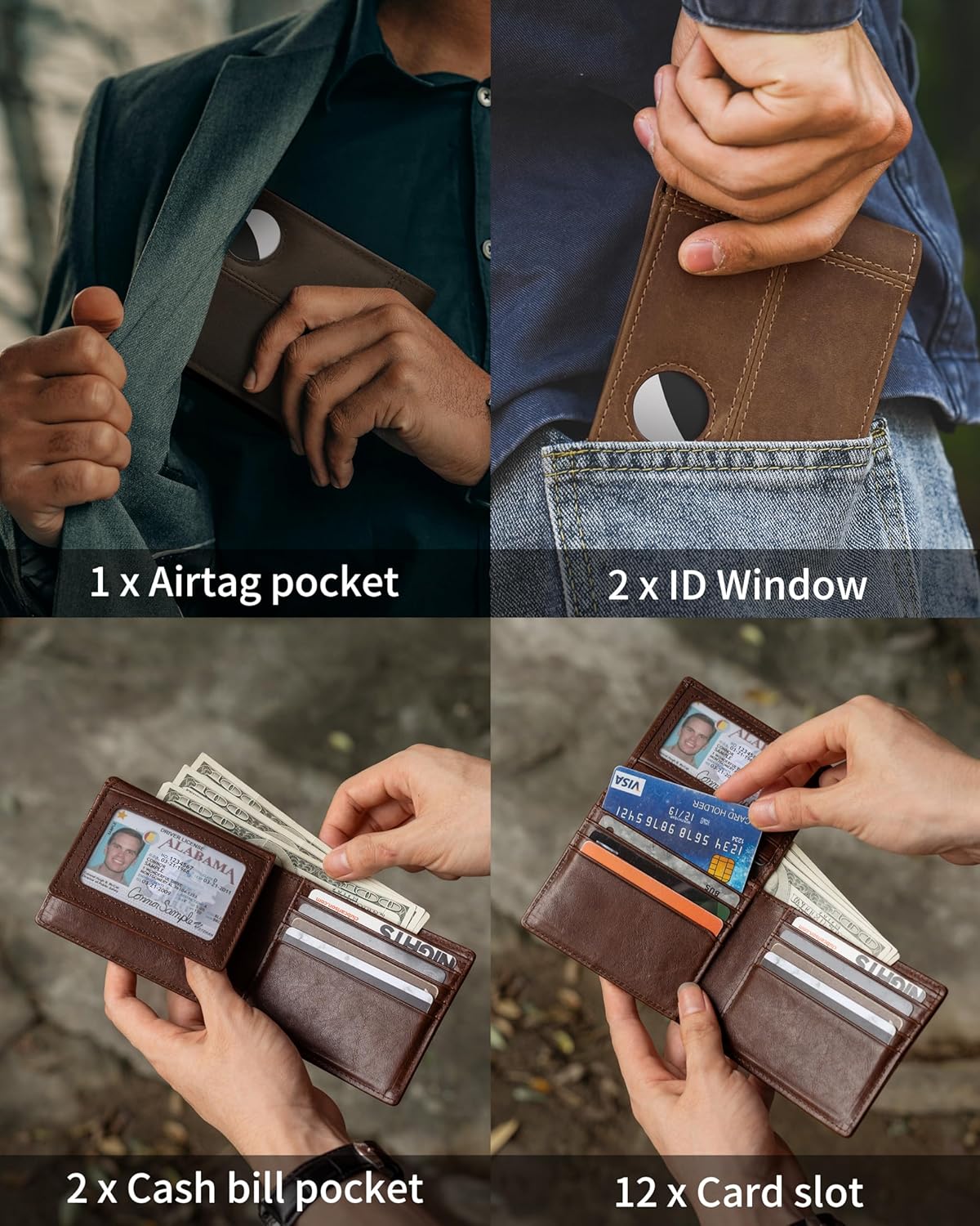 Mens Wallet With AirTag Holder, Bifold Leather RFID Blocking 1-2 ID Windows 12-13 Card Holders, Gift Box and Screen Protector Included, AirTag Not Included
