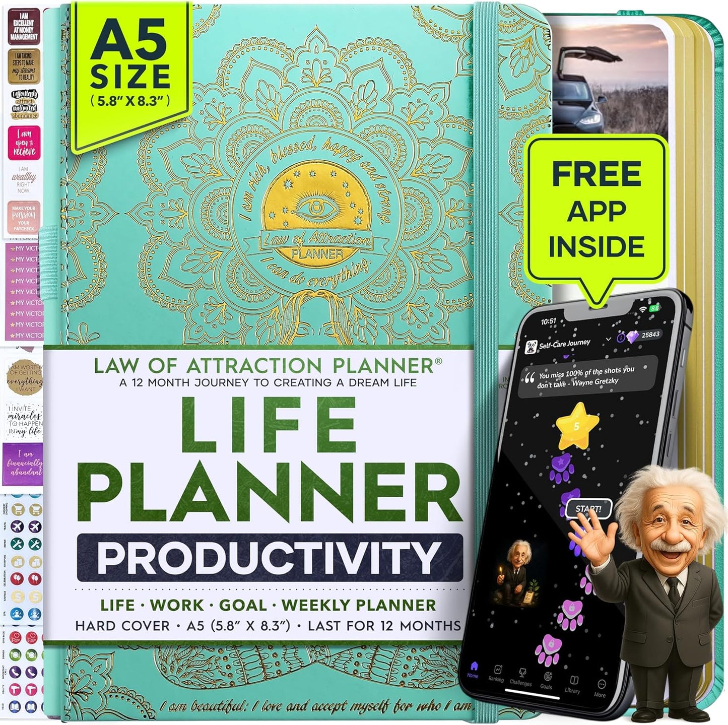 Life Planner - Undated Weekly & Monthly Planner, 12-Month Journey to Increase Productivity | Gratitude Journal, Life Organizer & Goal Journal | Include Foldable Vision Board, Habit Tracker & Stickers