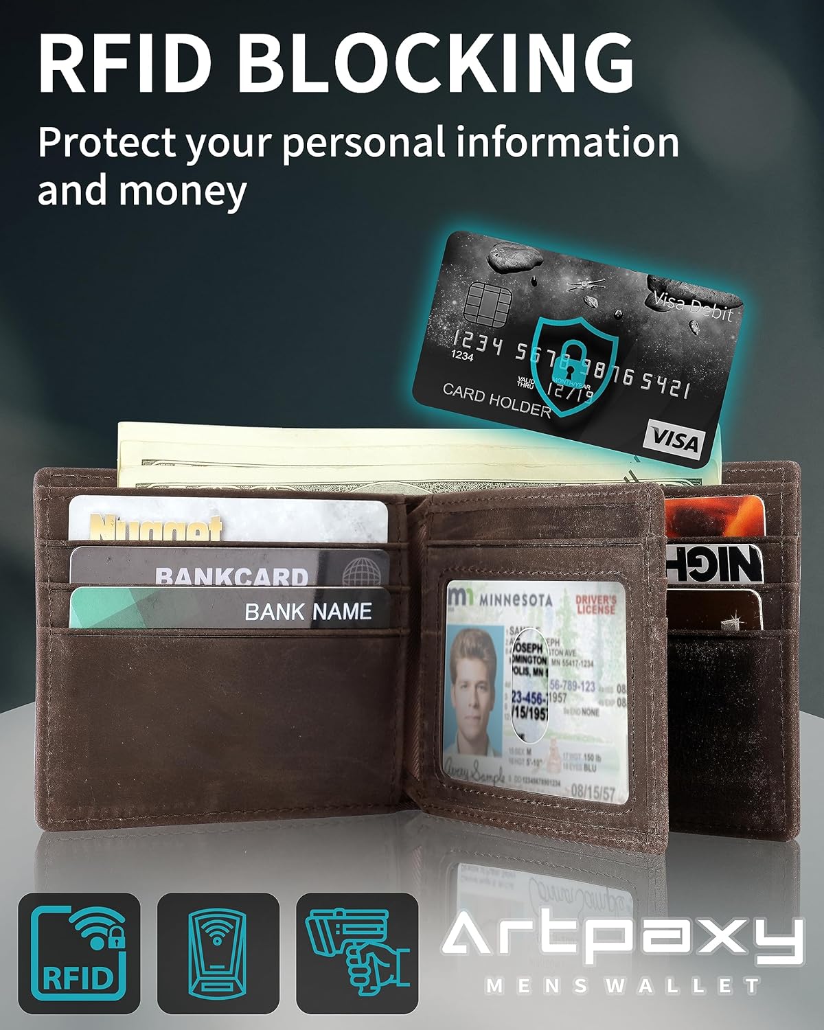Mens Wallet With AirTag Holder, Bifold Leather RFID Blocking 1-2 ID Windows 12-13 Card Holders, Gift Box and Screen Protector Included, AirTag Not Included