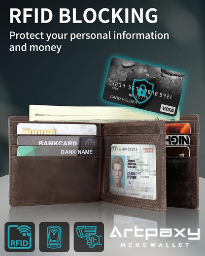 Mens Wallet With AirTag Holder, Bifold Leather RFID Blocking 1-2 ID Windows 12-13 Card Holders, Gift Box and Screen Protector Included, AirTag Not Included