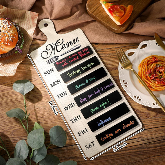Maxdot Weekly Menu Board Kitchen 16.5 x 6.3 Inches Wood Menu Planner Board with 7 Markers and Towel Kitchen Weekly Planner Plaque Wall Signs for Dinning Room Home Decor