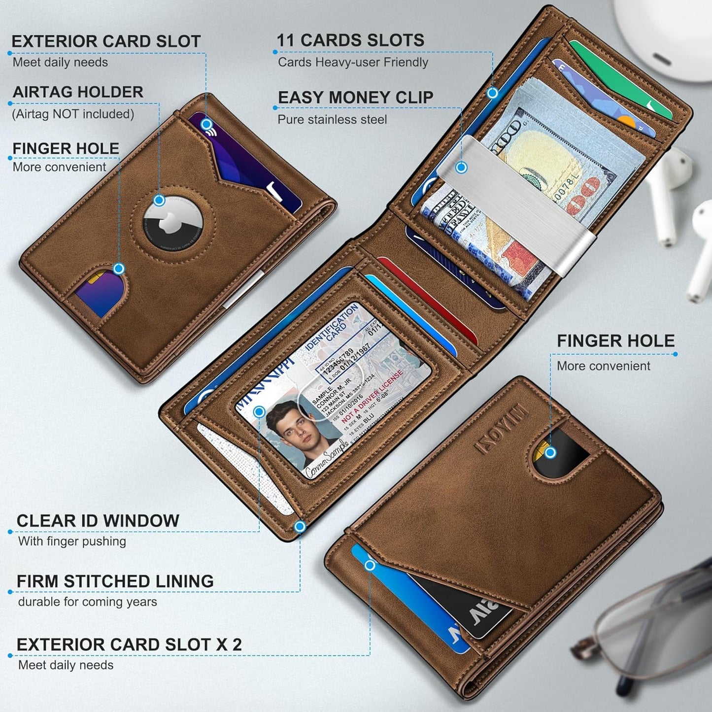 miyozi Airtag Wallet for Men,with Money Clip 11 Cards Slim Front Pocket Leather RFID Blocking Wallet with Gift Box