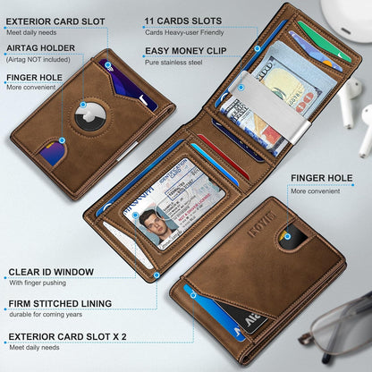 miyozi Airtag Wallet for Men,with Money Clip 11 Cards Slim Front Pocket Leather RFID Blocking Wallet with Gift Box