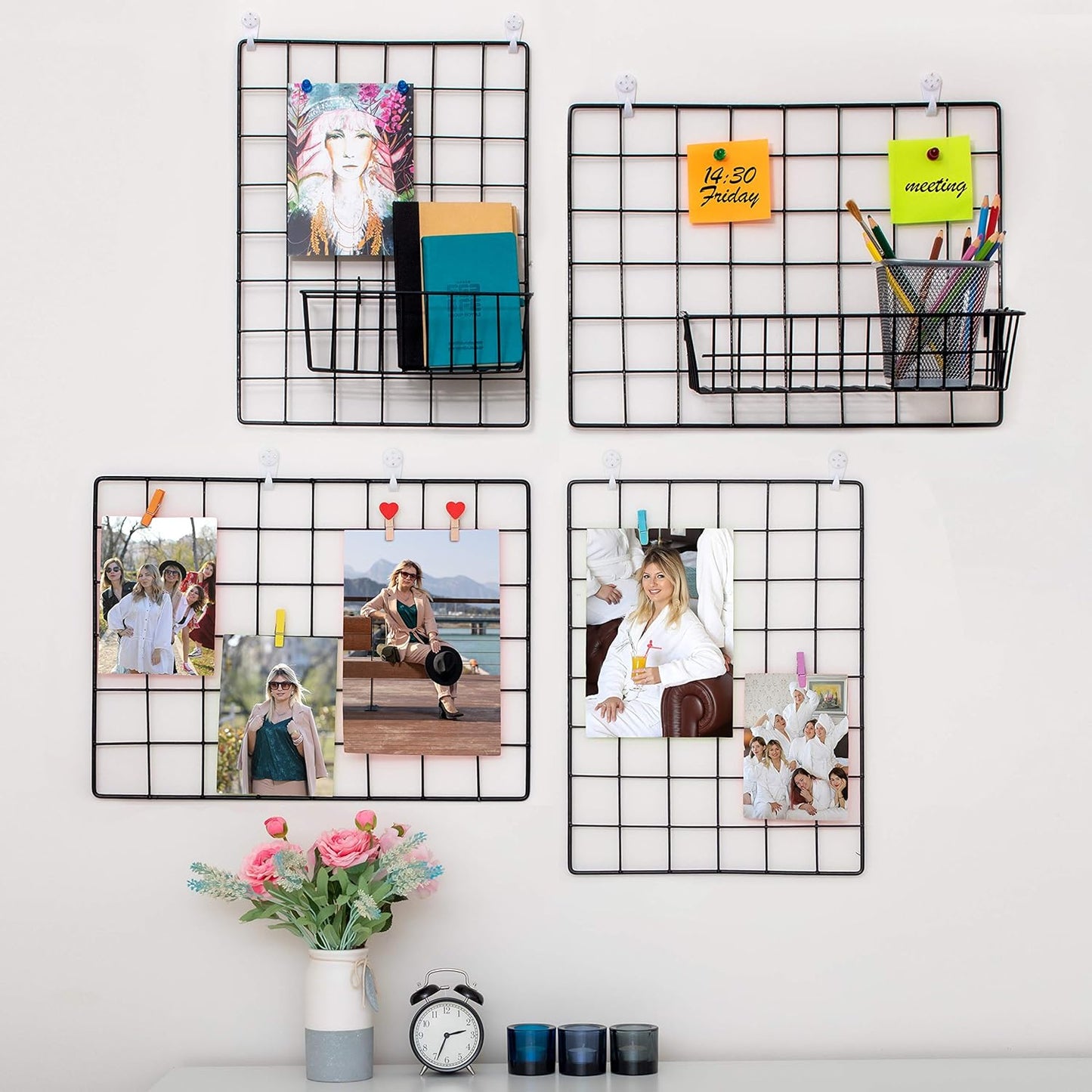 ODOXIA 2 Pack Wire Wall Grid Panel | Photos & Pictures Display Grid Wall Panels | Black, Magnetic & Metal Grid | Photo Grid Wire Board | Hanging Home, Office & Kitchen Decor