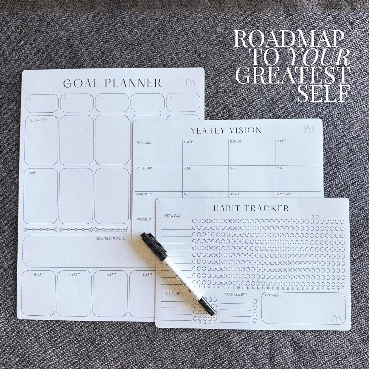 Magnetic Goal Planner Set: Reusable Dry Erase Habit Tracker, Vision Board, Purpose Planner and Workout Calendar Minimalist Wall Calendar Aesthetic Planner, Year at a Glance Wall Calendar 2025