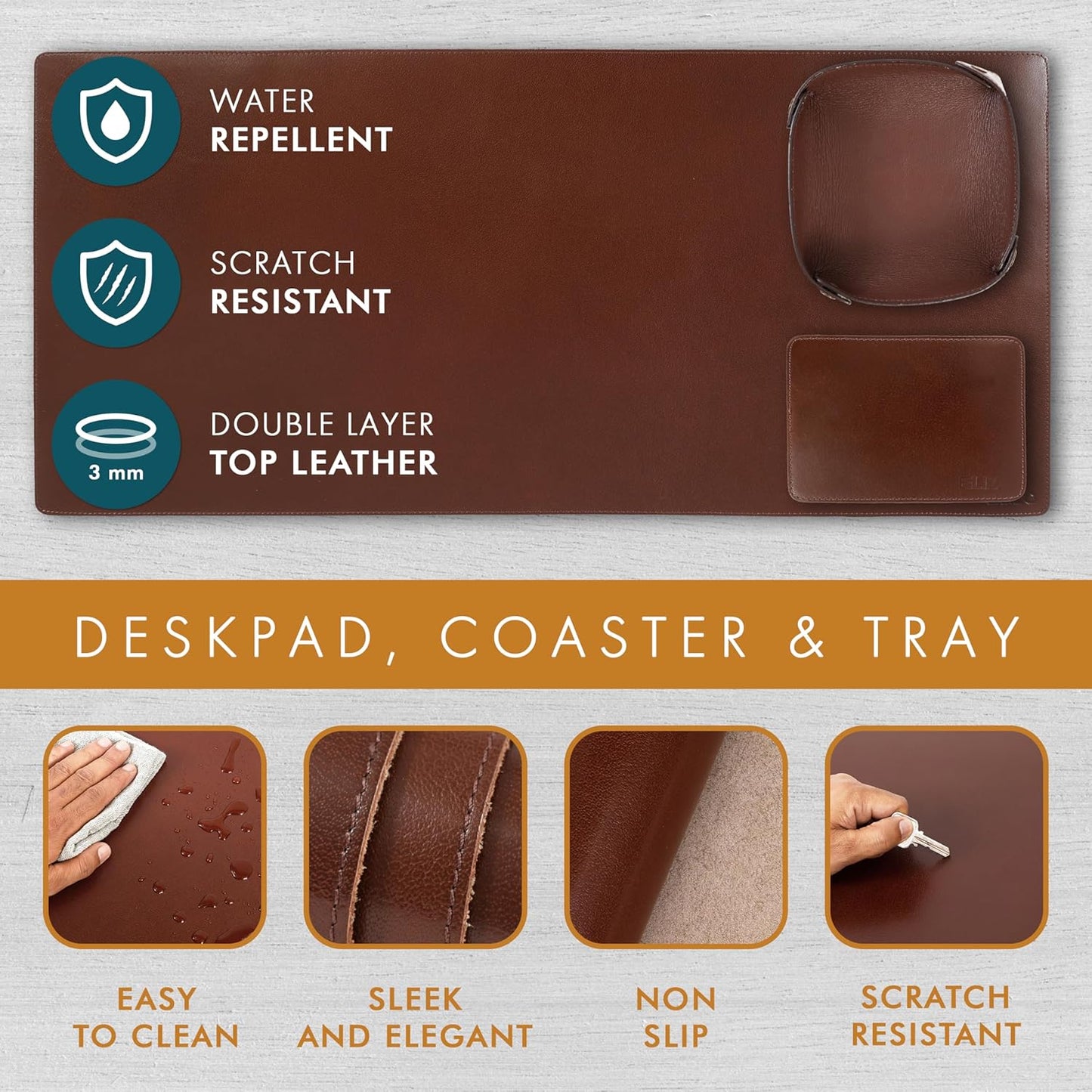 ELIZO Leather Desk Pad Real Leather Desk Mat Thick (3mm) Double Layer (31x15.6) Cover Blotter Desk Protector Large Computer Mat for Keyboard Mouse Pad Table Laptop Mat Office Accessories - Antique