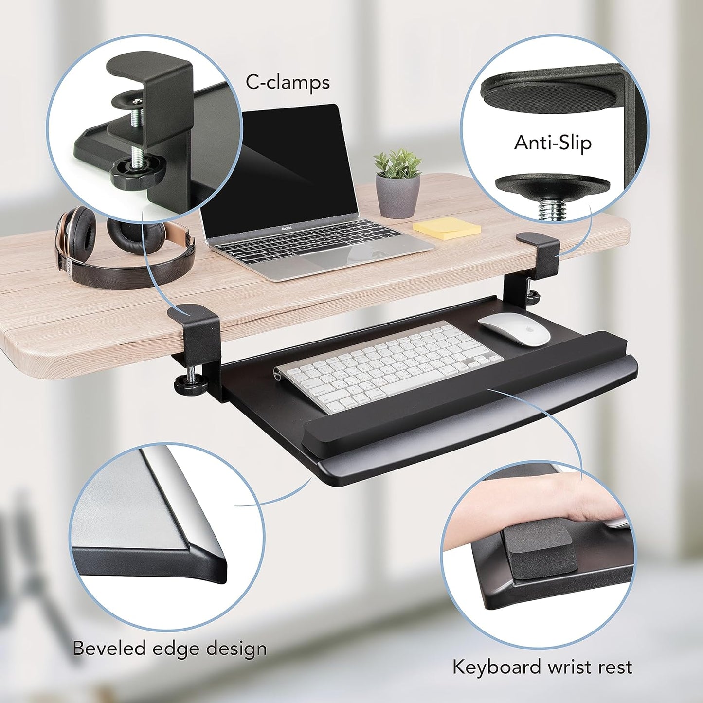 EHO Large Ergonomic C-Clamp Keyboard Tray Mount Under Desk with Wrist Rest, Slide-Out Platform 27.5" (31.8" Including Clamps) x 12.5", Pull Out Keyboard & Mouse Tray for Home or Office, Black