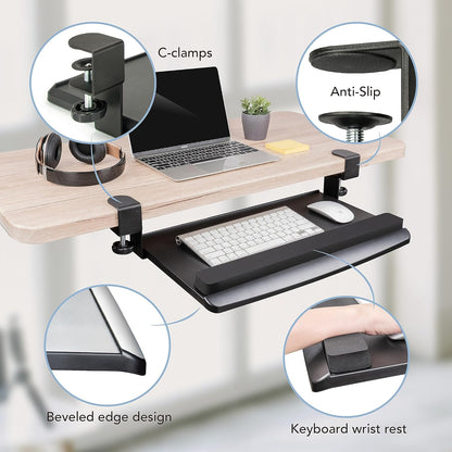 EHO Large Ergonomic C-Clamp Keyboard Tray Mount Under Desk with Wrist Rest, Slide-Out Platform 27.5" (31.8" Including Clamps) x 12.5", Pull Out Keyboard & Mouse Tray for Home or Office, Black