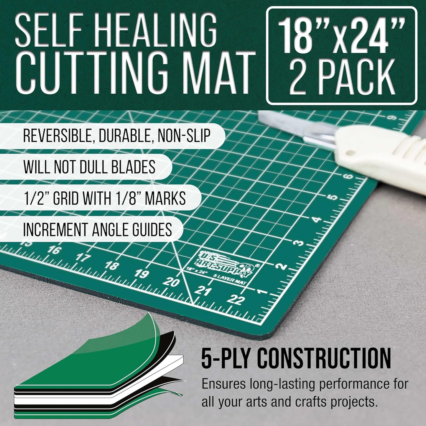 U.S. Art Supply 18" x 24" Self-Healing Cutting Mat 5-Ply - Double-Sided Pink/Blue Craft Mat, Non-Slip Cutting Mats for Crafts, Sewing, Quilting, Scrapbooking