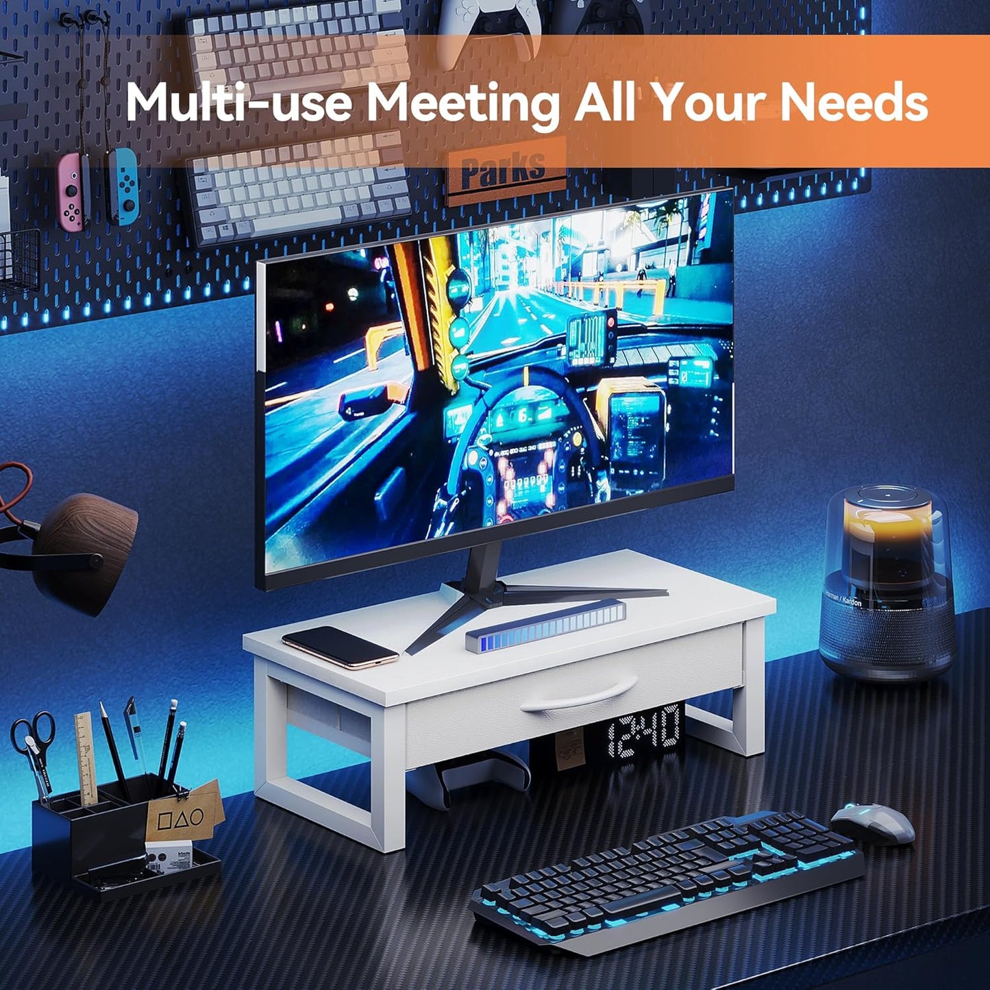 Computer Monitor Stand Riser, Desk Organizers and Accessories with Drawer, 2-Tier Laptop Stand for Desk, Office Organizer Storage, Wood