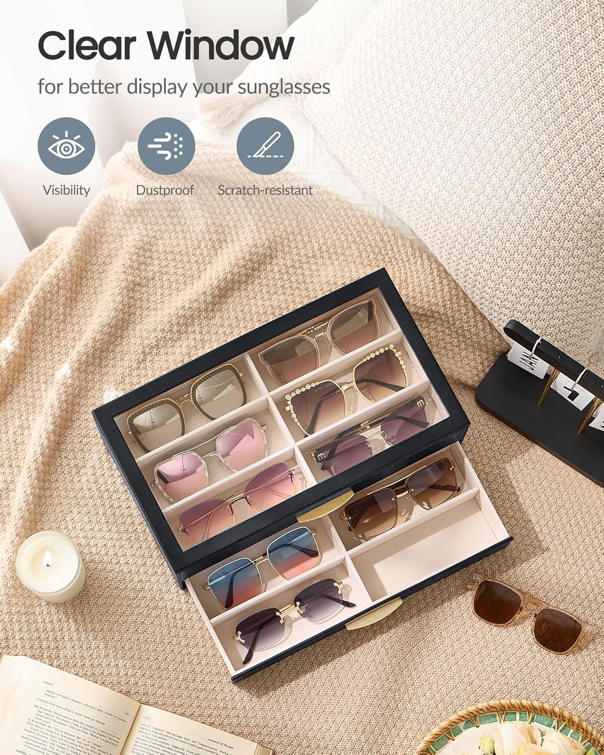 Lolalet Sunglasses Organizer for women, Multi Eyewear Storage Box with Drawer, Glasses Case Display Holder with Clear Top