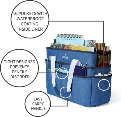 JJRING Craft Organizer Tote Bag for Art Storage, Caddy with Multiple Pockets, Bluish Green Sewing Bag for Scrapbooking, School, Medical, and Office Supplies