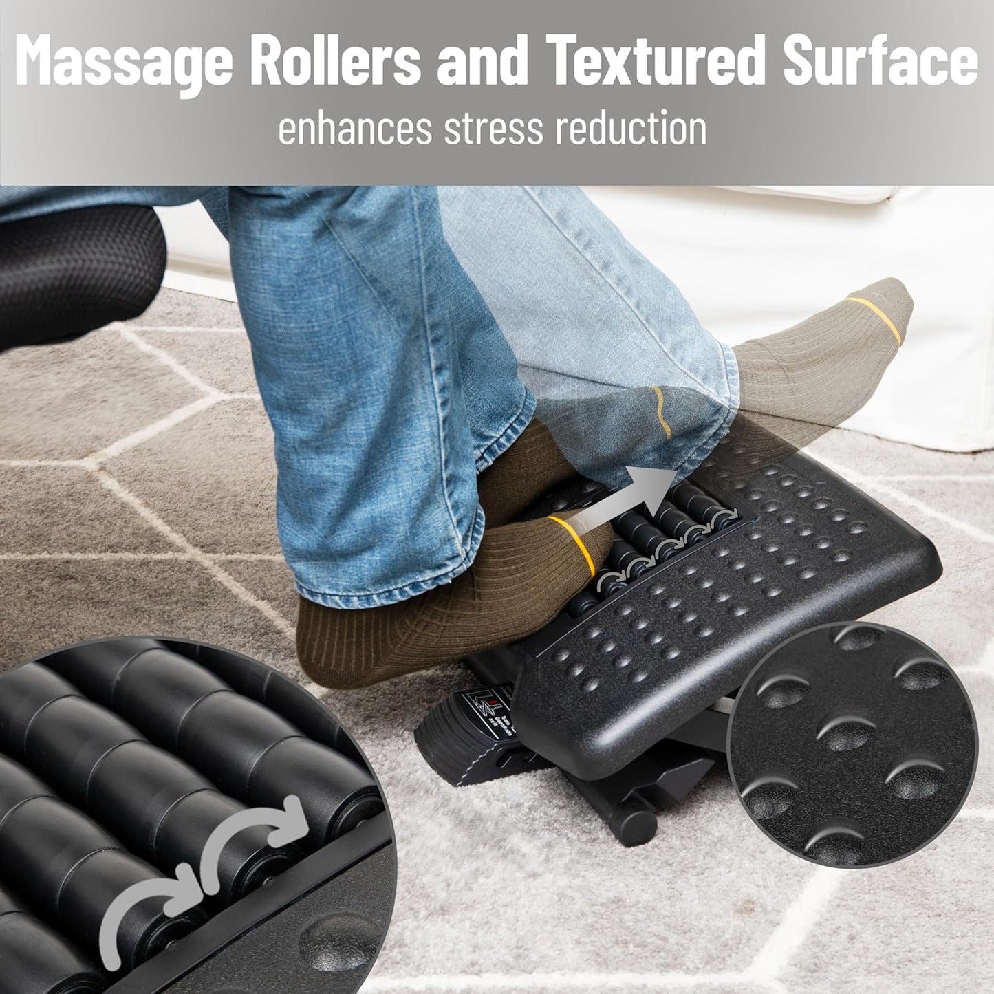 Mind Reader Foot Rest, Under Desk at Work, Ergonomic, Height Adjustable, Office, Plastic, Black