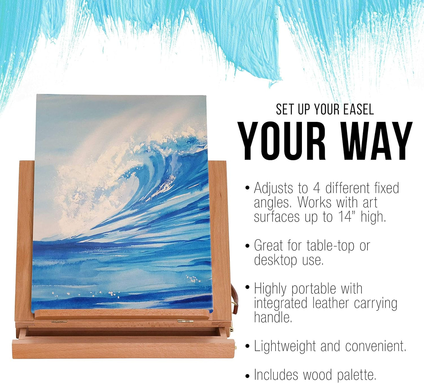 U.S. Art Supply Solana Adjustable Wood Art Easel: Portable Beechwood Tabletop Easel with Storage Drawer & Palette for Painting & Drawing, Artist Desktop