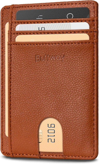 Buffway Slim Minimalist Front Pocket RFID Blocking Leather Wallets for Men and Women - Carbon Fiber Black - Colors B