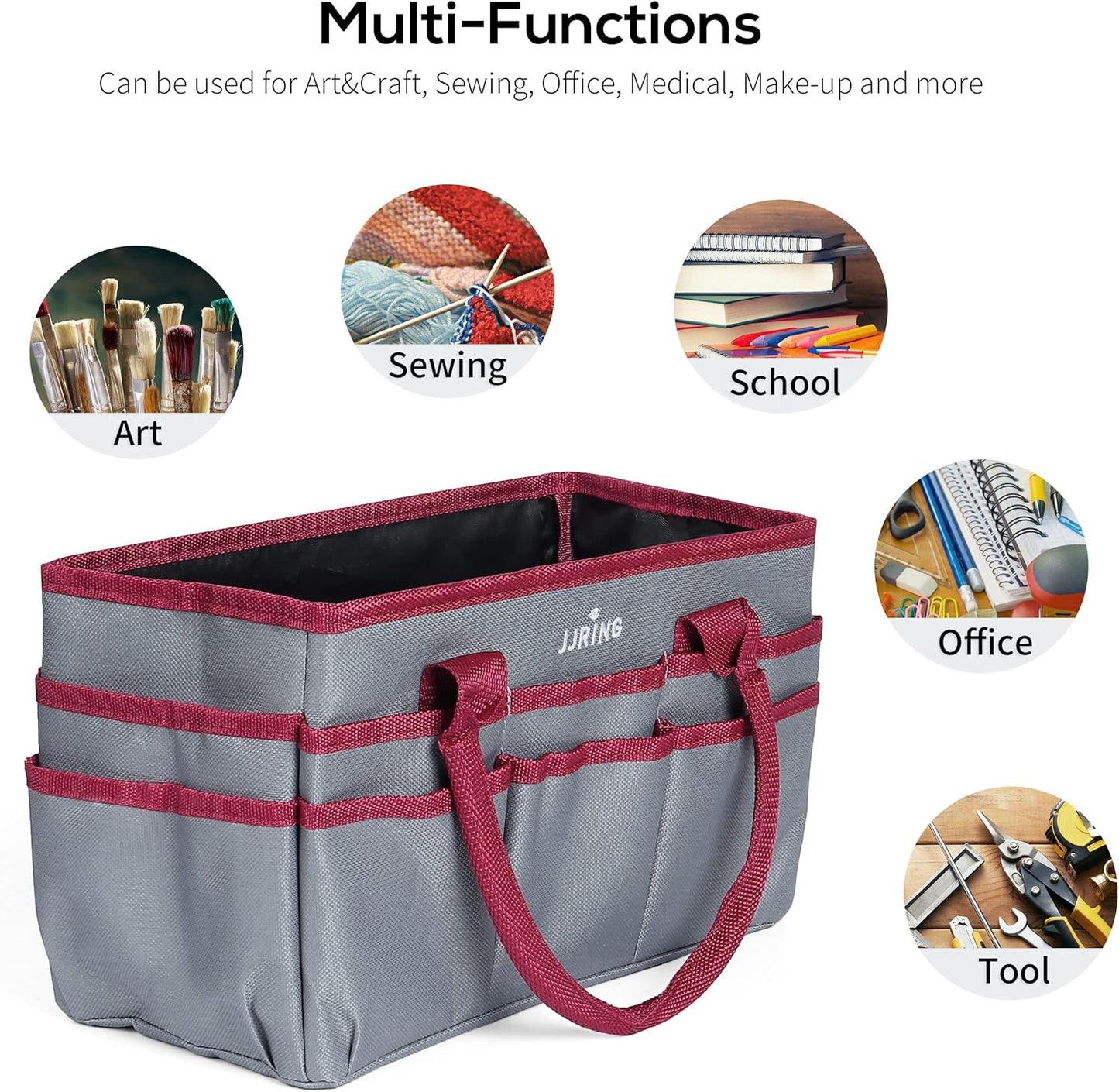 Jjring Craft and Art Organizer Tote Bag - 600D Silver Nylon Fabric Art Caddy with Pockets - for Art, Craft, Sewing, Medical, and Office Supplies Storage