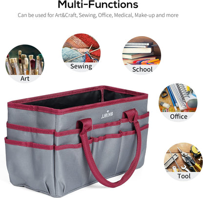 Jjring Craft and Art Organizer Tote Bag - 600D Silver Nylon Fabric Art Caddy with Pockets - for Art, Craft, Sewing, Medical, and Office Supplies Storage