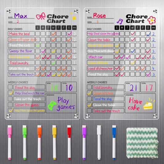 2pcs Black Acrylic Magnetic Chore Chart, Chore Board, Dry Erase Chore Chart, 12"x8" Transparent Erasable Reward Chart for Teens and Adults Chore Checklist with 8 Markers and Towel