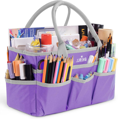 Jjring Craft and Art Organizer Tote Bag - 600D Silver Nylon Fabric Art Caddy with Pockets - for Art, Craft, Sewing, Medical, and Office Supplies Storage