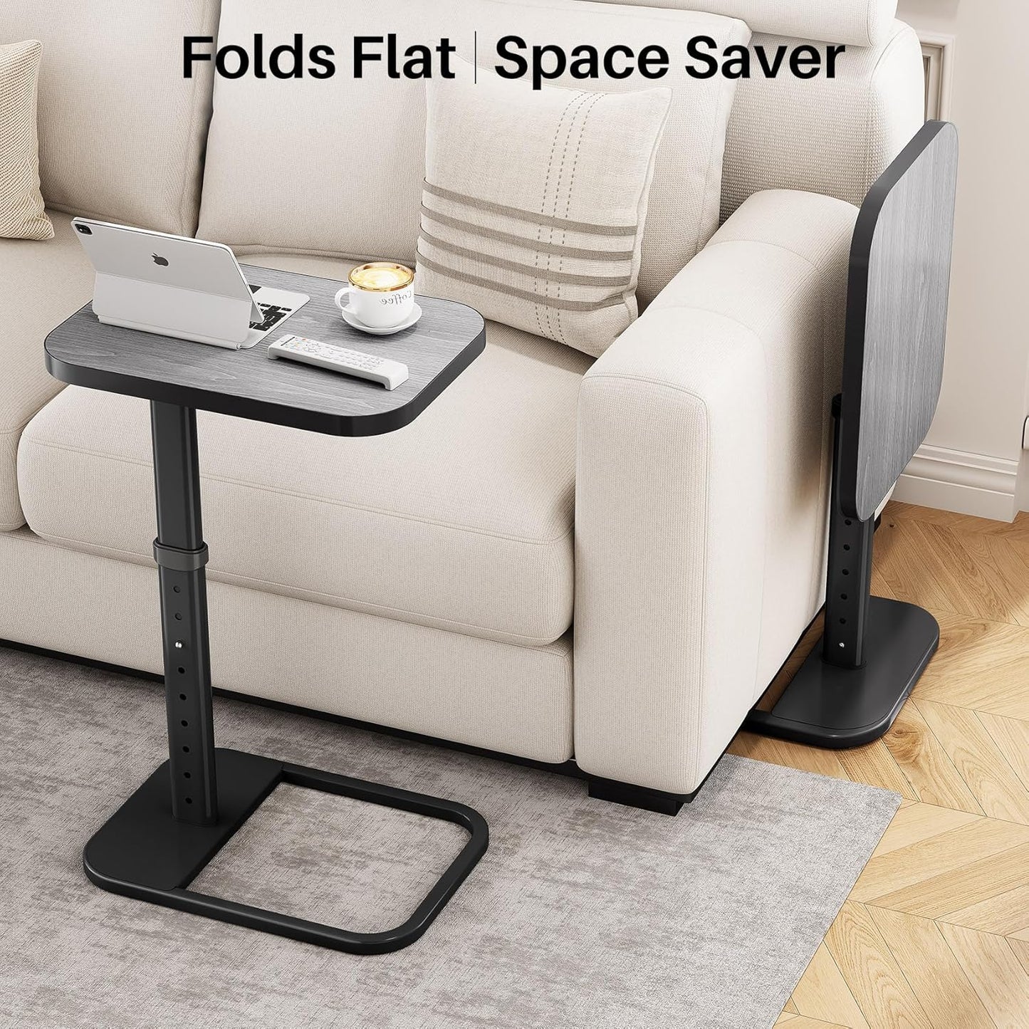 Kitstorack TV Tray Table, Adjustable Height & Flip-Top & Rounded Metal Corners, Snack Table for Couch, Sofa, Bed, Chair, Living Room, C Shaped End Side Table for Eating, Dinner or Laptop, Small Spaces