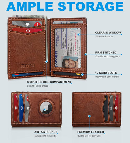 miyozi Airtag Slim Leather Wallet for Men - 12-Card Capacity, Magnetic Closure, Money Clip & Simplified Bill Compartment, RFID Blocking (4.3" x 3.0") | Gift Boxed