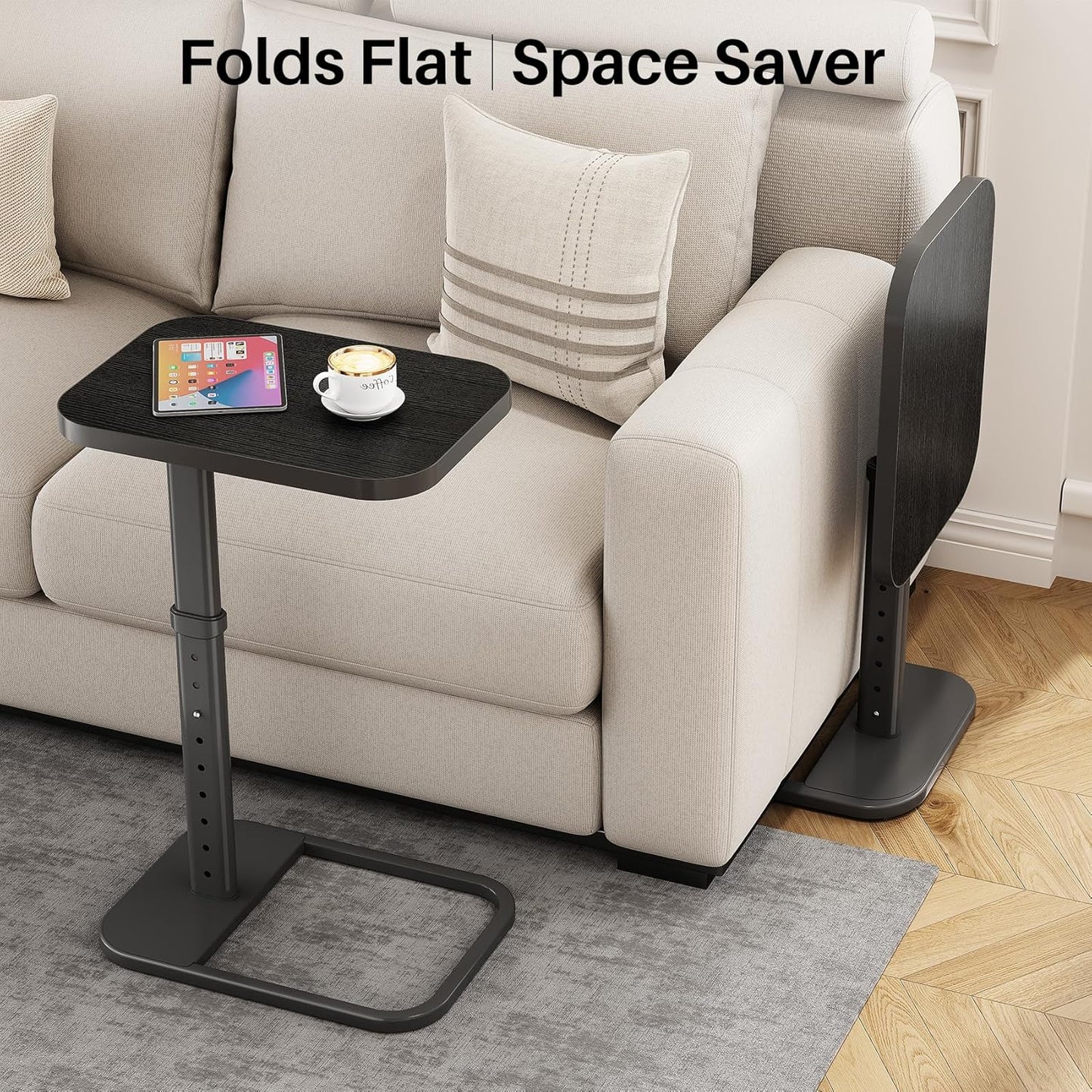 Kitstorack TV Tray Table, Adjustable Height & Flip-Top & Rounded Metal Corners, Snack Table for Couch, Sofa, Bed, Chair, Living Room, C Shaped End Side Table for Eating, Dinner or Laptop, Small Spaces