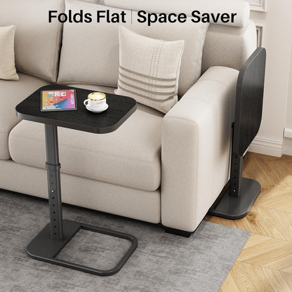 Kitstorack TV Tray Table, Adjustable Height & Flip-Top & Rounded Metal Corners, Snack Table for Couch, Sofa, Bed, Chair, Living Room, C Shaped End Side Table for Eating, Dinner or Laptop, Small Spaces