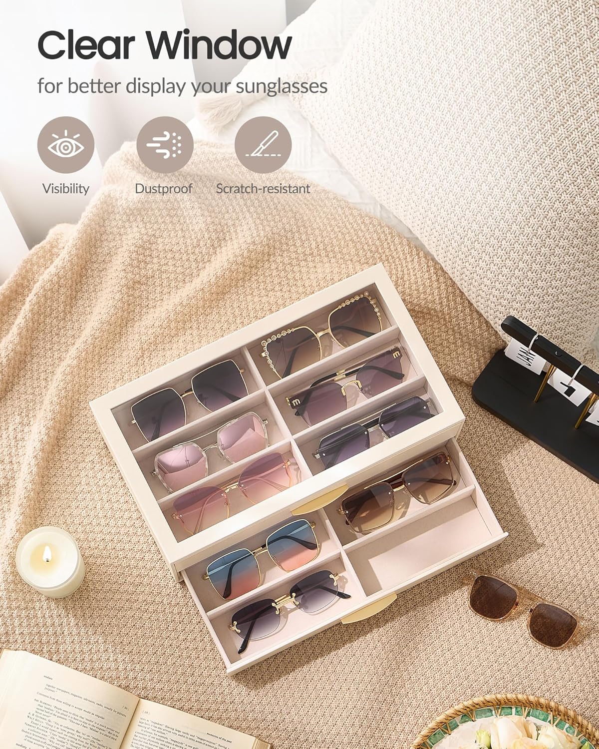 Lolalet Sunglasses Organizer for women, Multi Eyewear Storage Box with Drawer, Glasses Case Display Holder with Clear Top