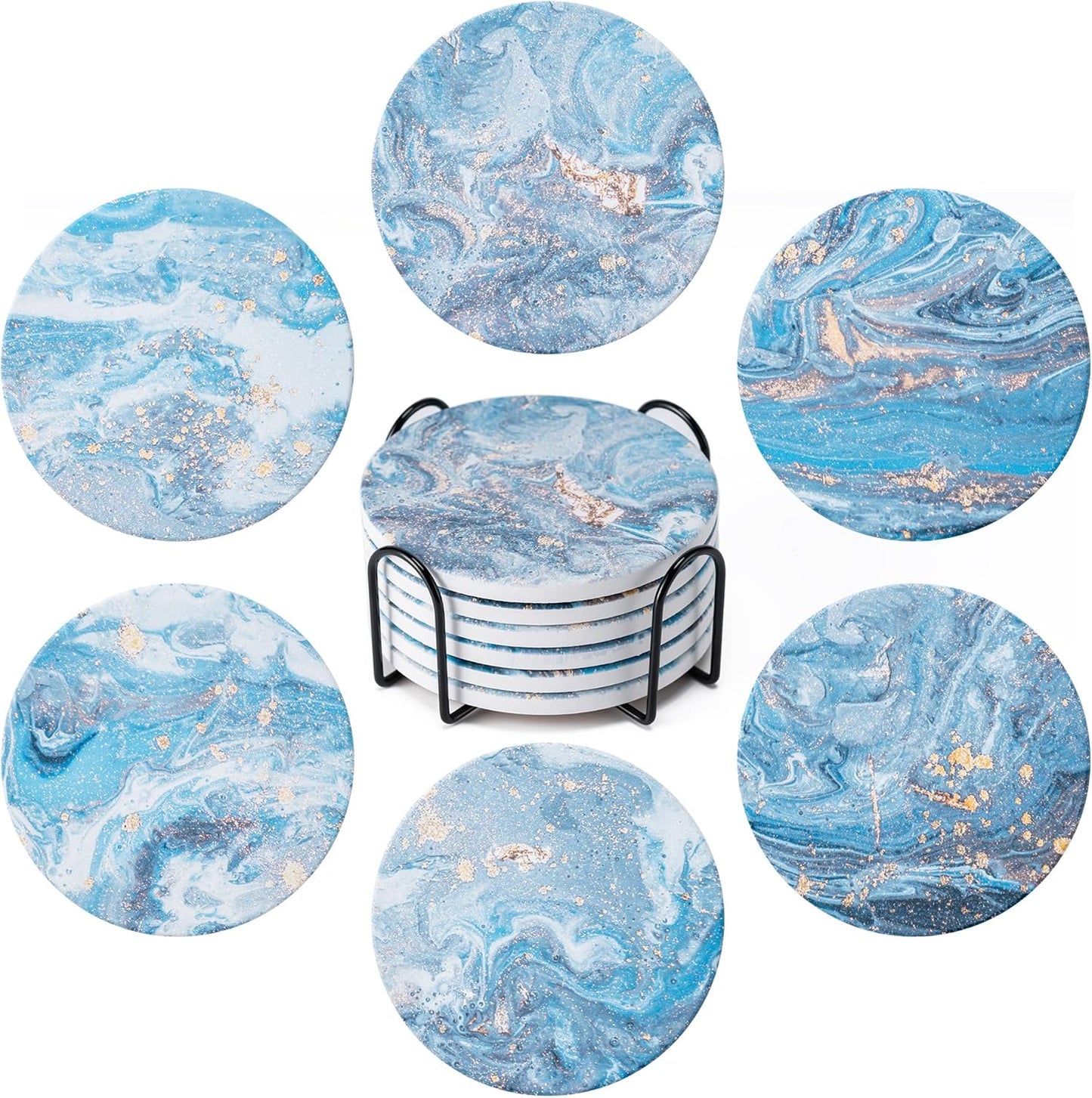 6Pcs Drink Coasters with Holder, Marble Style Ceramic Drink Coaster, Absorbent Coasters Set Suitable for Kinds of Cups, Modern Style Coaster for Coffee Table, 4 Inches