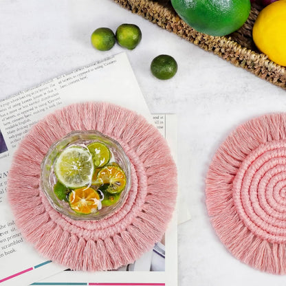 7.4in Boho Coasters for Drinks, Handmade Woven Absorbent Coasters for Desk, Farmhouse Cute Coaster for Mugs Cups - Gifts for Women, Beige