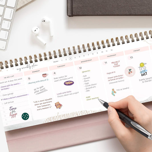 Pink Abstract Non-Dated Spiral Weekly Desk Calendar Planner, 60 Week Inspirational To Do List Pad Desktop Stand, 3.75" x 10.5", La Lune Collection by Bright Day