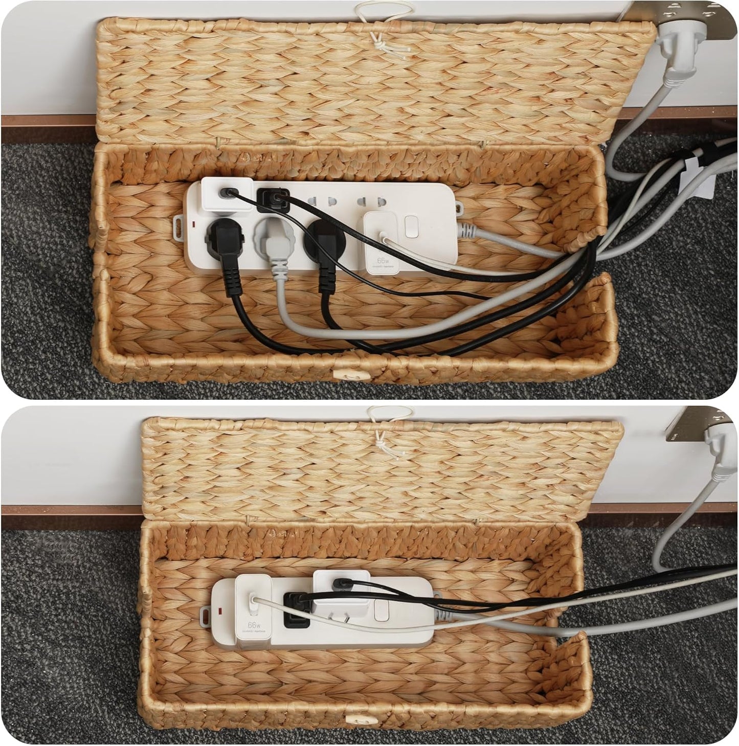 Posprica Cable Management Box with Lid, 2Pack Handwoven Real Water Hyacinth Cord Hider Organizer Boxes, 2 Side Open Slots Storage Box to Hide Cords Power Strip for Desk, Floor, Office
