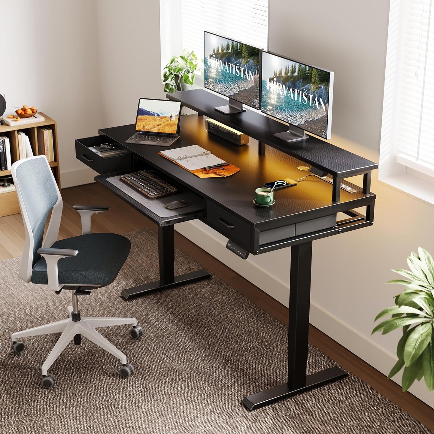 AODK Electric Standing Desk with Drawers & Keyboard Tray, 55 Inch Height Adjustable Gaming Desk with Power Outlets & LED Lights, Sit Stand Table with Monitor Stand for Home, Office, Rustic Brown