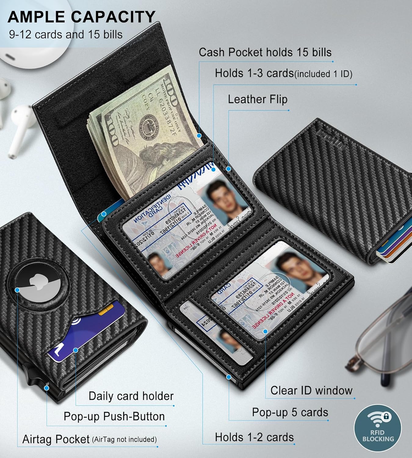 miyozi Airtag Wallet for Men,with Cash Pocket 2 ID Window 9-12 Cards,Metal Case Smart Slim Pop Up Credit Card Holder Flip with Magnetic Closure RFID Blocking Trifold wallet with Gift Box