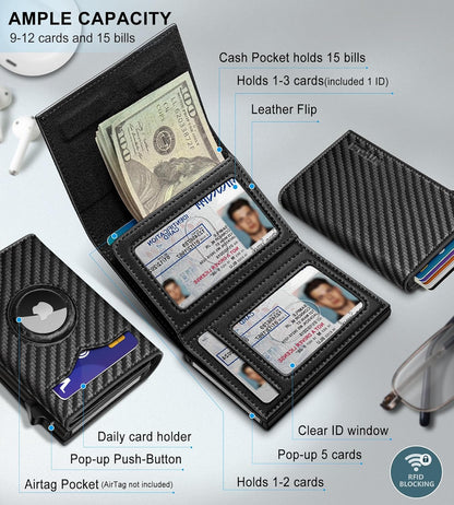 miyozi Airtag Wallet for Men,with Cash Pocket 2 ID Window 9-12 Cards,Metal Case Smart Slim Pop Up Credit Card Holder Flip with Magnetic Closure RFID Blocking Trifold wallet with Gift Box