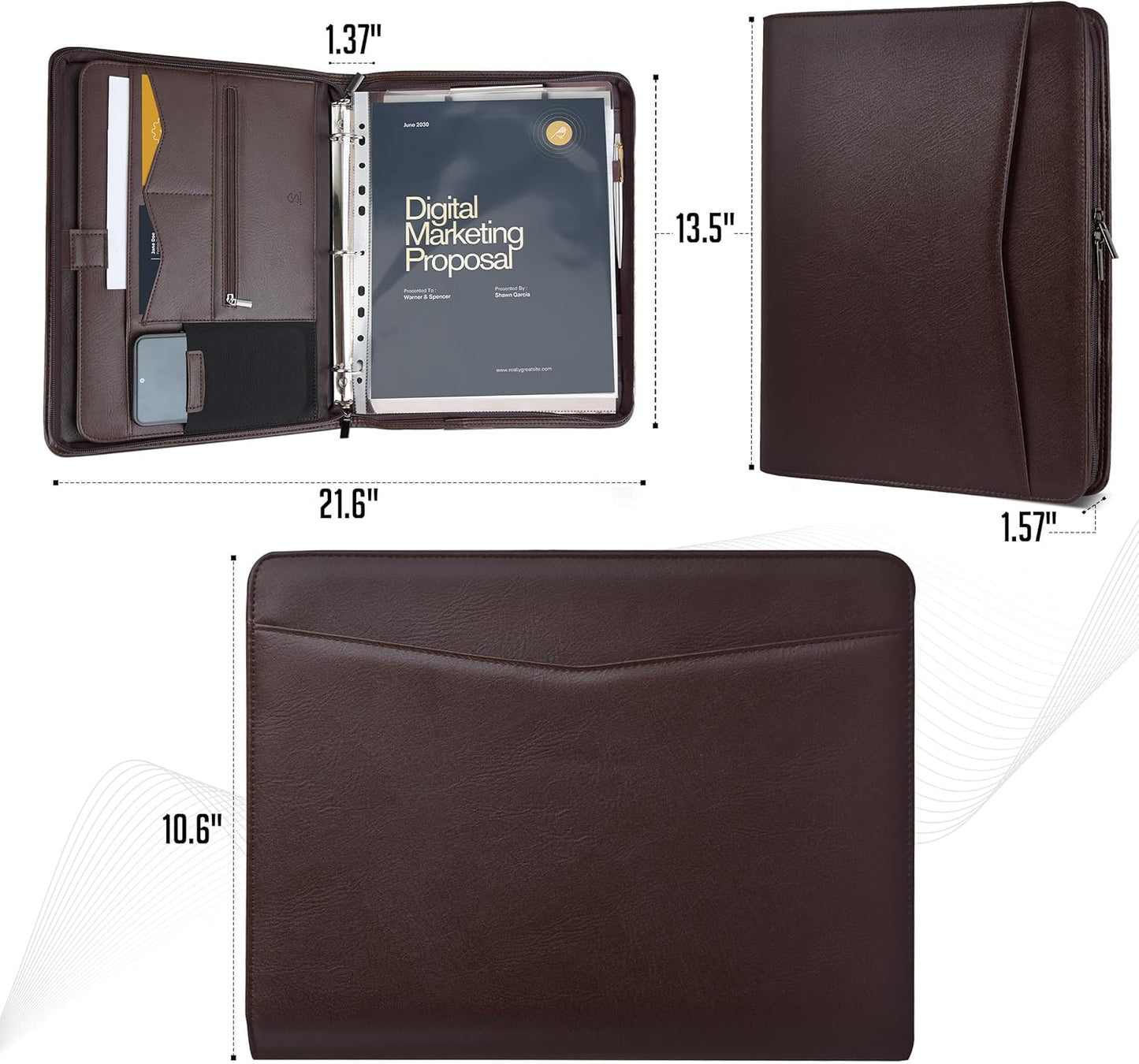 STYLIO Zipper Padfolio Portfolio Binder Organizer | Faux Leather Portfolio for Resume, Documents, Phone, Tablet, Business Supplies and Cards | Notebook Organizer with Letter Sized Notepad Included