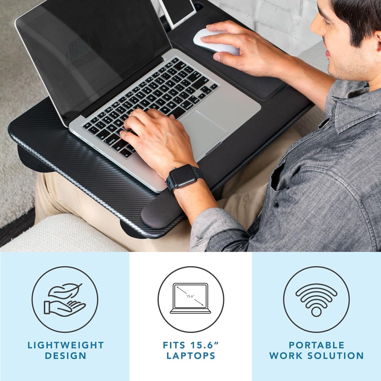LAPGEAR Home Office Lap Desk with Device Ledge, Mouse Pad, and Phone Holder - Black Carbon - Fits up to 15.6 Inch Laptops - Style No. 91588