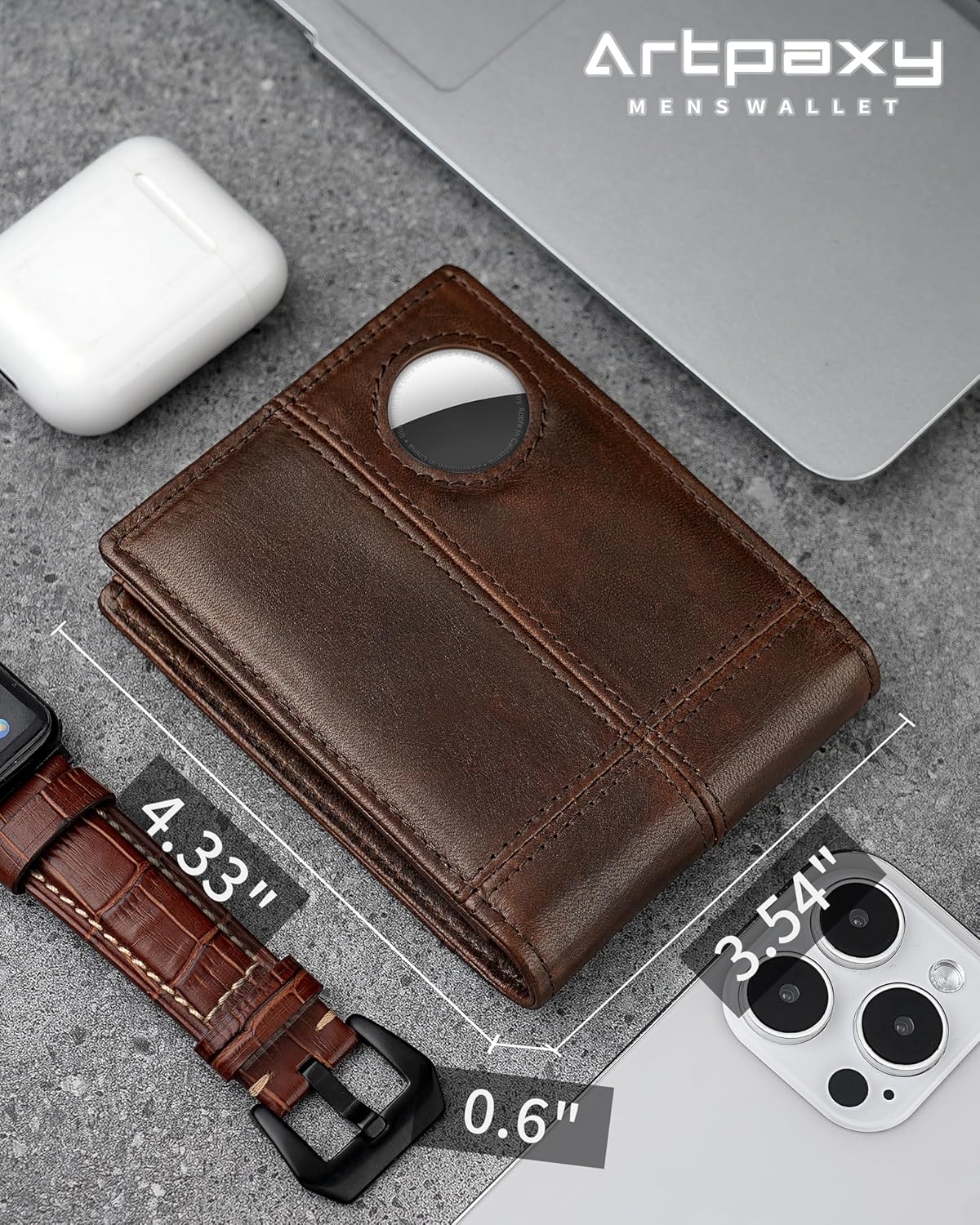 Mens Wallet With AirTag Holder, Bifold Leather RFID Blocking 1-2 ID Windows 12-13 Card Holders, Gift Box and Screen Protector Included, AirTag Not Included