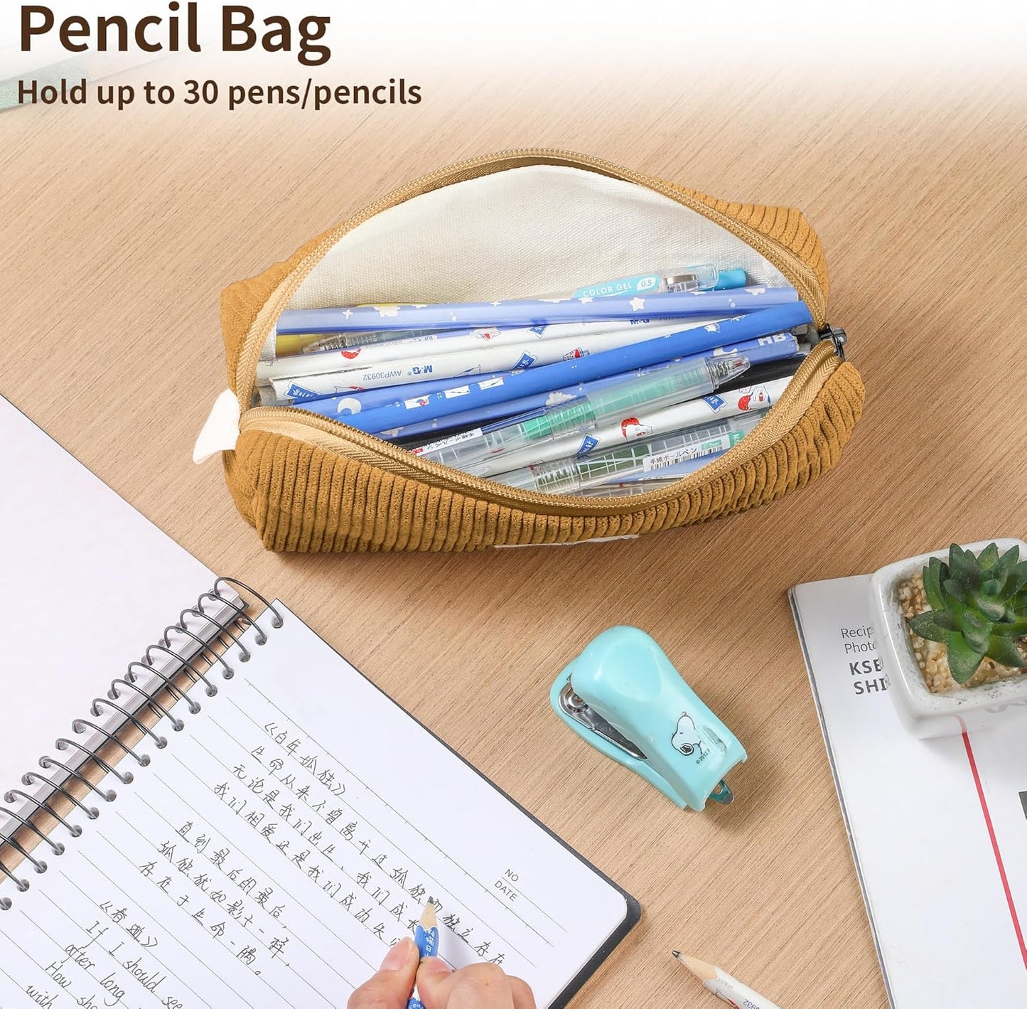 Pencil Bag Pen Case, Soft Corduroy Small Pencil Pouch Organizer with Zipper, Cute Pencil Case Pouch Stationery for Girls and Boys – Apricot