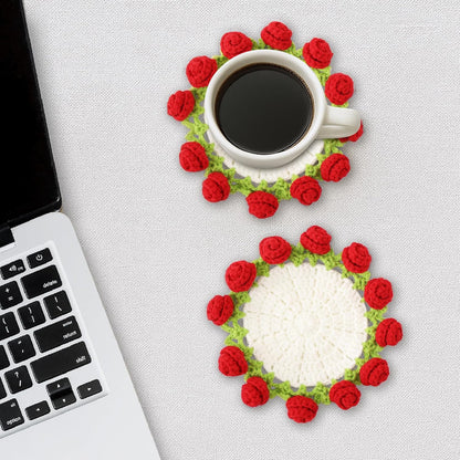 Flower Crochet Coasters, Handmade Bouquet Blanket Coaster with Crochet Plant Pot Fun Soft Decorative Drink Coasters for Coffee Tabletop Protection and Home Decor (Pink, 1Pc)