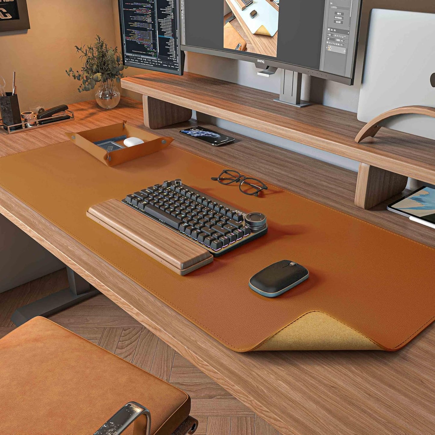 DAWNTREES Dual Sided Desk Mat,Leather Desk Pad,Brown 40"x16",Cork Desk Mat Protector,with PU Leather Valet Tray Organizer,Large Mouse Pad,Desk Writing Pad for Office and Home