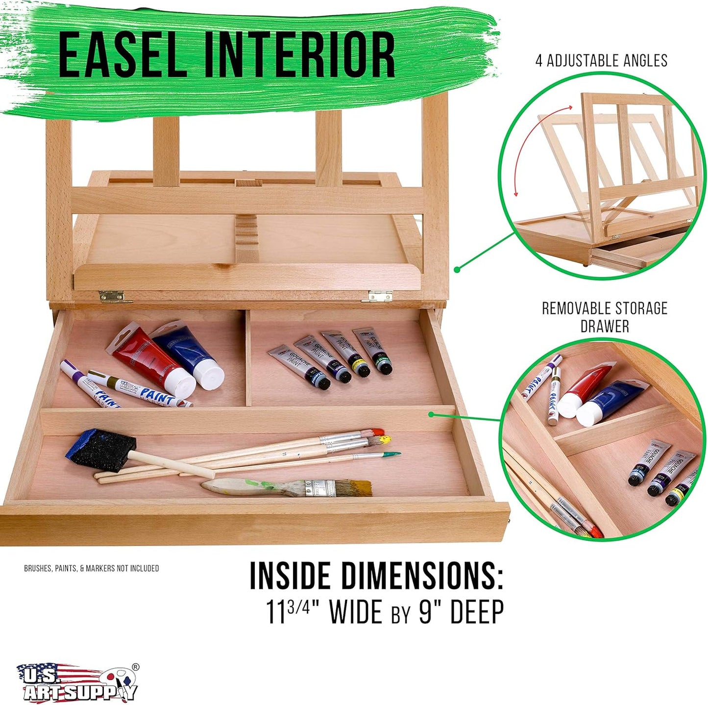U.S. Art Supply Solana Adjustable Wood Art Easel: Portable Beechwood Tabletop Easel with Storage Drawer & Palette for Painting & Drawing, Artist Desktop