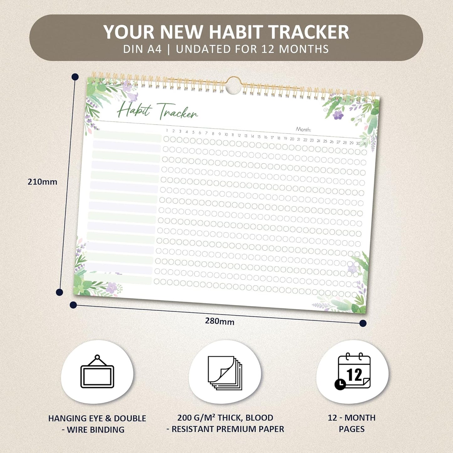 BIROYAL Habit Tracker Calendar 2026 (Undated 12 Months) - Daily Habit Tracker Jounal with Spiral Binding & Hanger - Goal Tracker - Motivational Monthly Habit Calendar - Productivity Tool and Workout Calendar - 8.6" x 11.2"