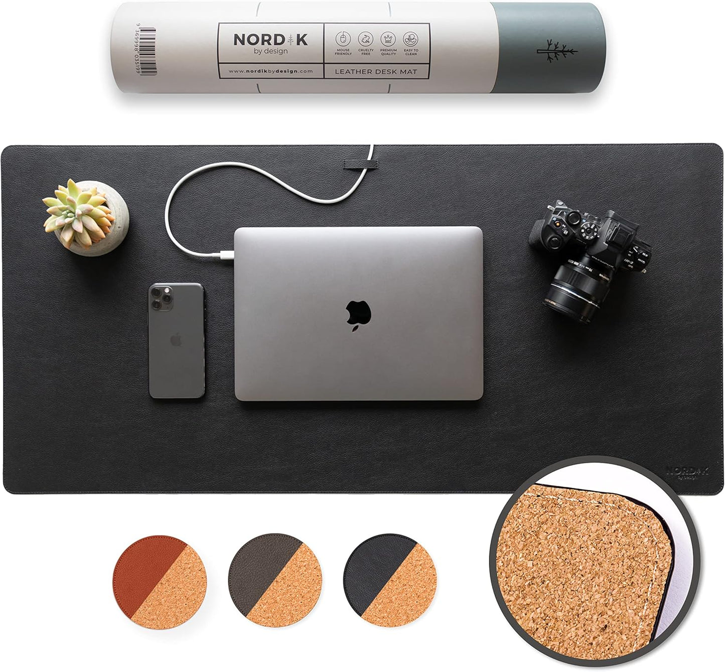 Nordik Leather Desk Mat Cable Organizer - Pebble Black 35 X 17 inch - Premium Mouse Mat - Felt Vegan Leather Desk Pad Protector - Desk Blotter Matt Keyboard - Large Desk Matt for Desktop Computer