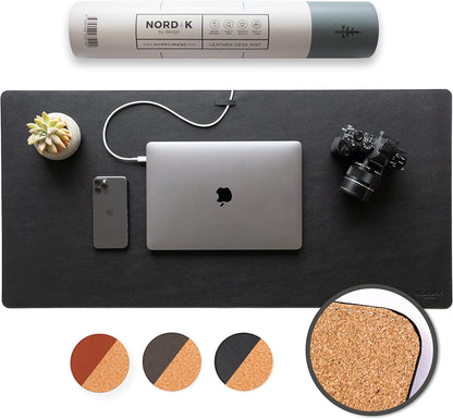 Nordik Leather Desk Mat Cable Organizer - Pebble Black 35 X 17 inch - Premium Mouse Mat - Felt Vegan Leather Desk Pad Protector - Desk Blotter Matt Keyboard - Large Desk Matt for Desktop Computer